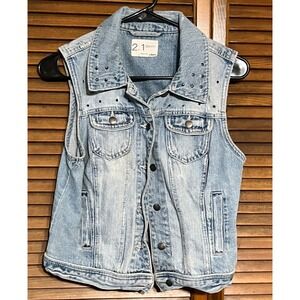 Womens Studded Acid Wash Denim Vest Sleeveless Jean Jacket Small